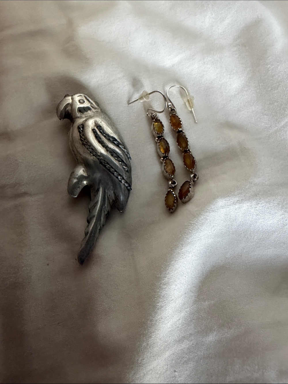 - Silver Parrot Brooch and Amber Drop Earrings Set-